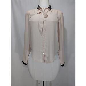 Ann Taylor LOFT Blouse XS Cream Black Lace Trim Bow Neck Long Sleeve‎